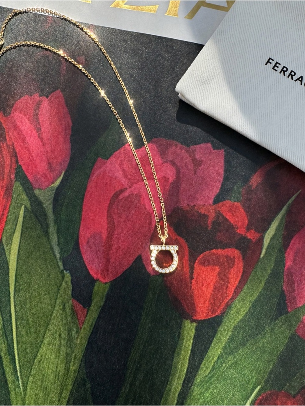 Ferragamo Gancini Crystal Necklace NWT Full Set Box Dust Bag Tag